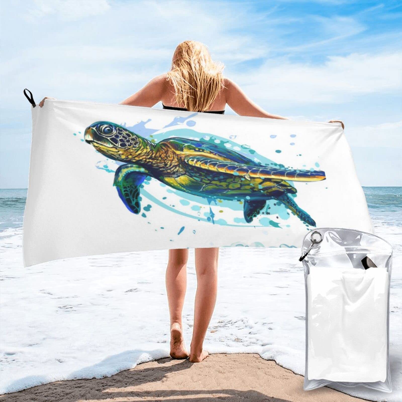 Lawenp Take Me to Ocean Turtle Microfiber Beach Towel Adults Large Quick Drying Bath Towel Travel Towels with Pouch 31.5"x63"