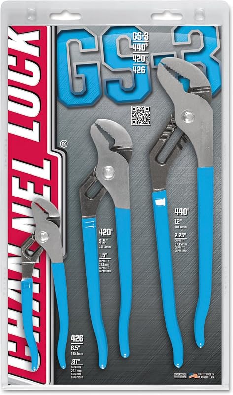 Juego de alicates de lengüeta y ranura Channellock GS-3 - Mordaza recta, acero de alto carbono - 6.5", 9.5", 12"