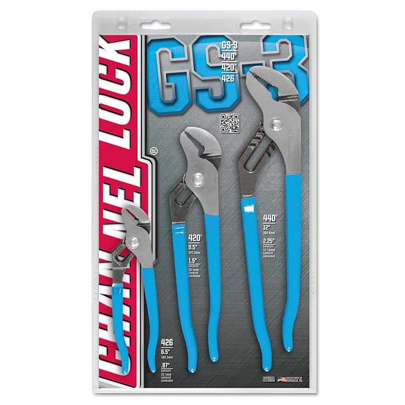 Kit de Alicates Bomba d’Água Channellock GS-3 com Mandíbulas Retas em Aço C1080, 16,5 cm, 24,1 cm e 30,5 cm
