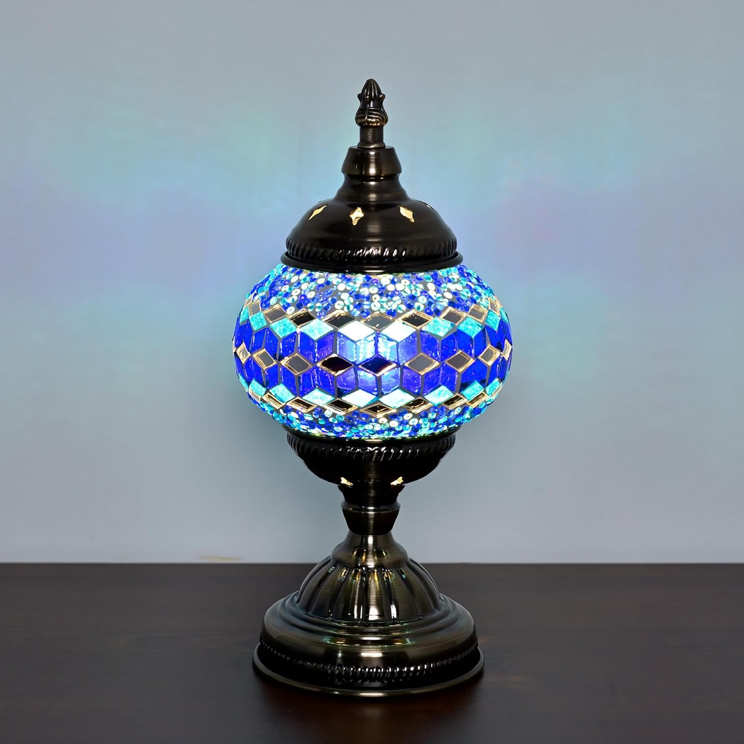 GOGERS Turkish Moroccan Table Lamp Lantern with Handmade Mosaic Glass Lampshade Tiffany Style Bohemian Stained Glass Decorative Desk Lamps Bedside Night Lights for Bedroom (Multiple Blues)