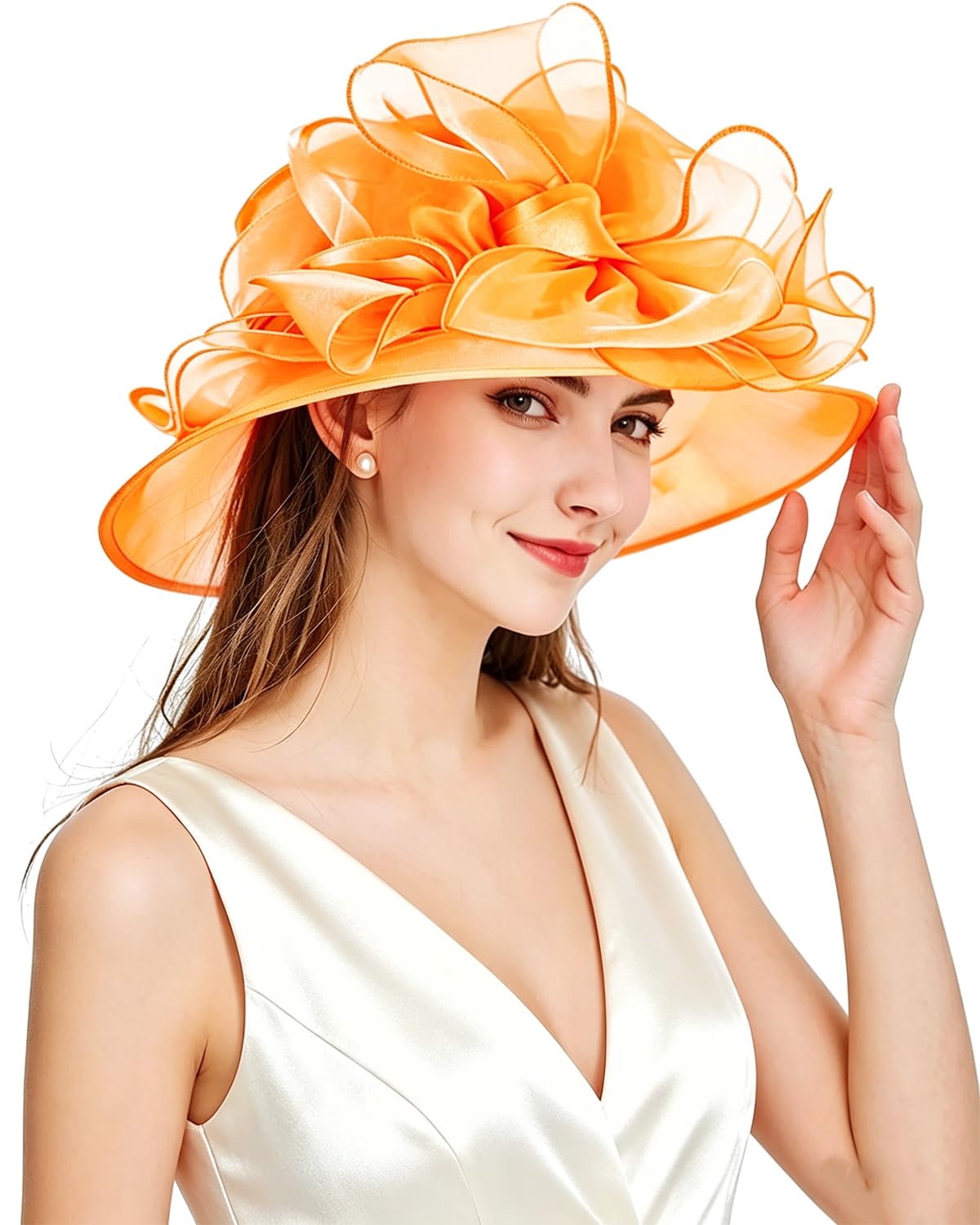 ELLYDOOR Women Derby Fascinator Hat Organza Church Wedding Tea Party Hats Wide Brim Sun Hat, 039 Orange, One Size