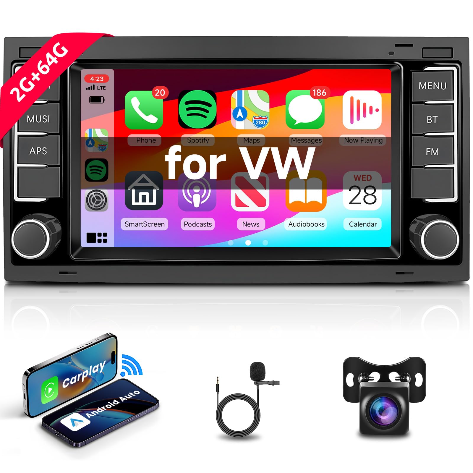 Hodozzy 2G+64G Android Autoradio per VW Touareg Transporter T5 Multivan 2004-2011 CarPlay Android Auto, Navigatore Touch Screen 7 Pollici Bluetooth Radio con GPS WiFi SWC FM/RDS/EQ + Telecamera
