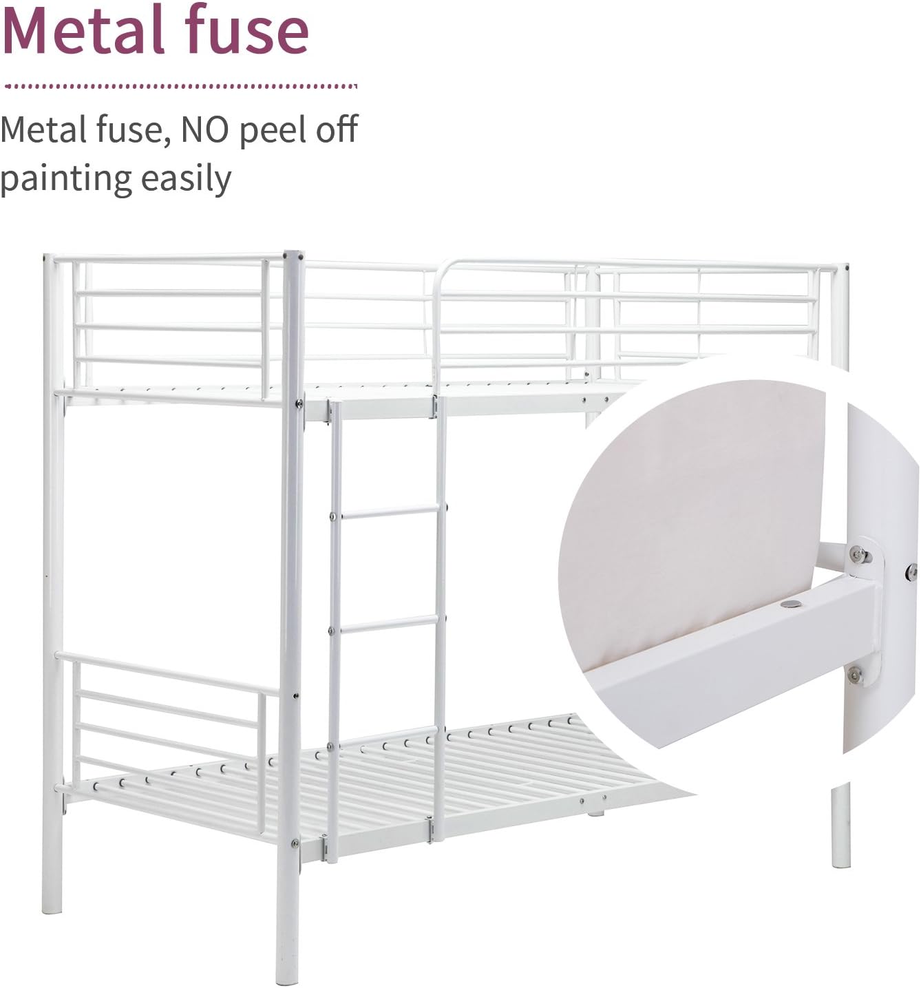 Metal Bunk Bed Twin Over Twin - with Removable Ladder and Guard Rail- Space Saving Design - Easy Assembly - White
