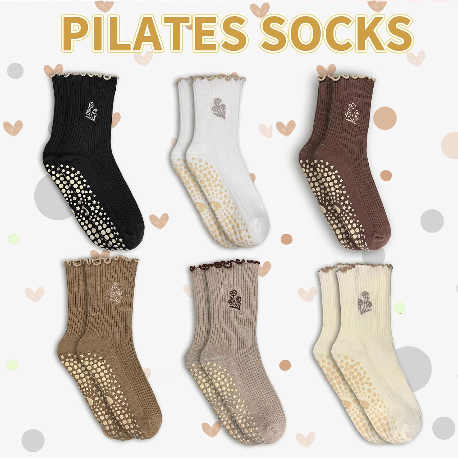 3 Pairs Cute Pilates Grip Socks for Women, Ruffle Yoga Non Slip Barre Socks for Workout & Dance