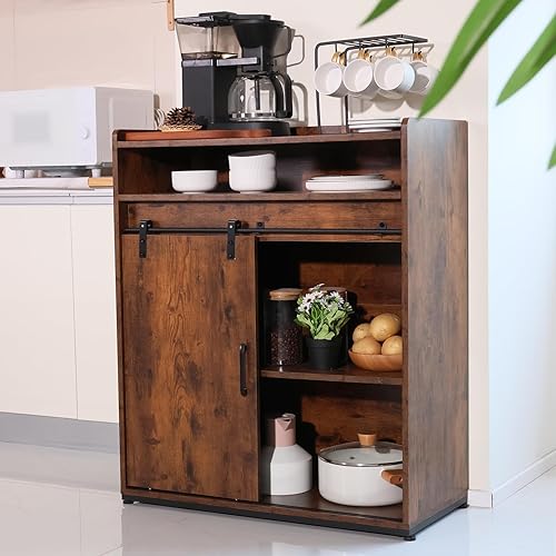 Miniatura 10 de Armario de barra de café, aparador de buffet de 32 pulgadas con puerta corrediza de granero y estantes de almacenamiento, armario de madera de