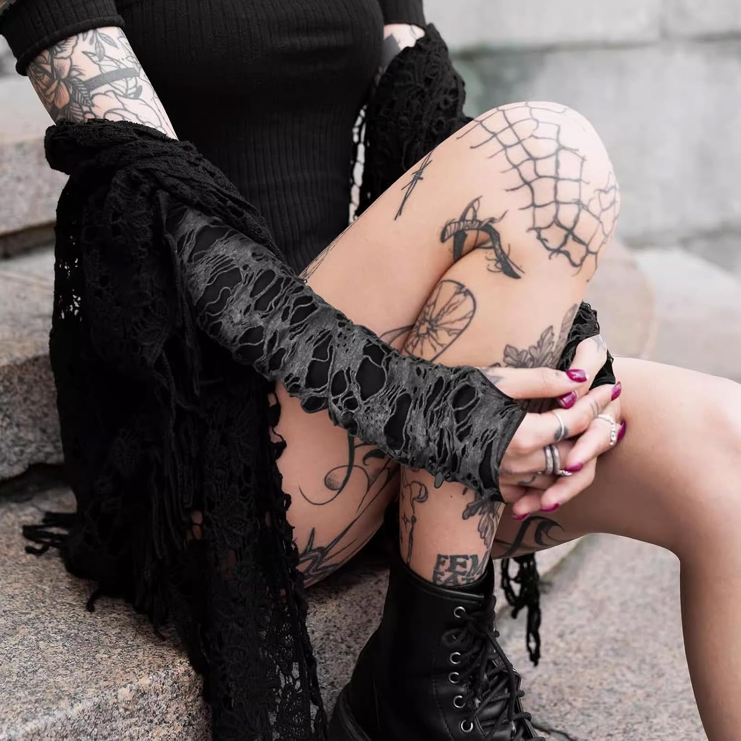 YAMEIZE Womens Punk Fingerless Glove Grunge - Black Long Gloves Broken Slit Goth Ripped Gloves for Halloween Costume Party