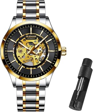 Automatic Watches for Men, Waterproof Watches for Men Stainless Steel Strap Skeleton Self-Winding Mechanical Watch Dial Wrist Watch