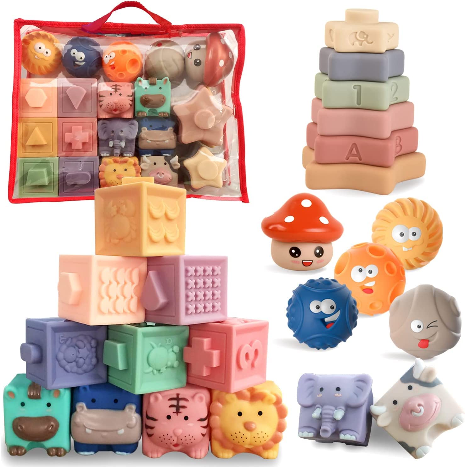 3 in 1 Montessori Toys for Babies 0-3-6-12 Months, Soft Baby Teething Toys, Stacking Building Blocks for Infants, Sensory Developmental Education Toys for Toddler Baby 12-18 Months