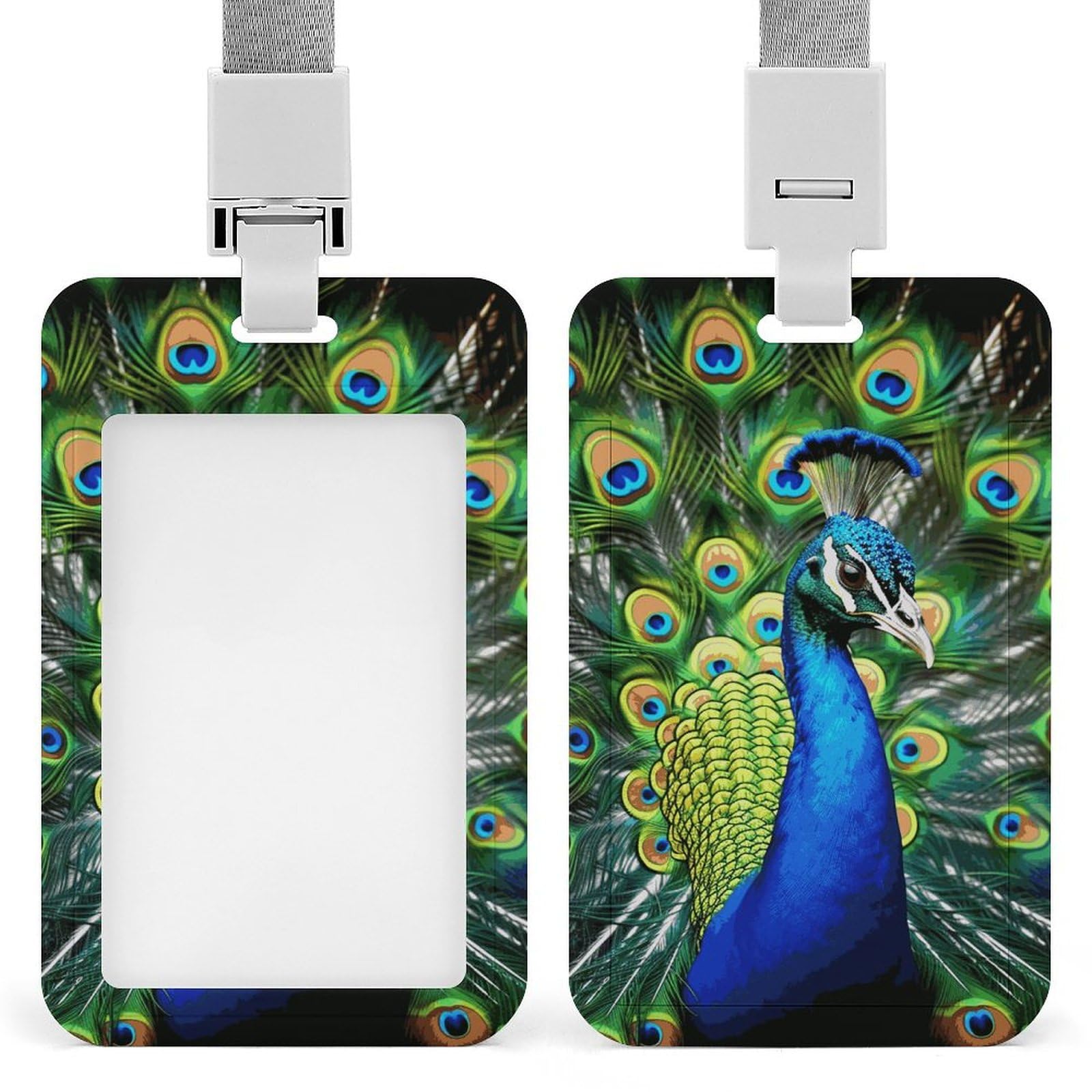 ID Card Holders for Lanyard,Blue Peacock Printed Badge Holder with Clear Window,Plastic Vertical Bus Pass Holders for Work Teacher Nurse Employees Proximity Key Cards Women Men — image 1