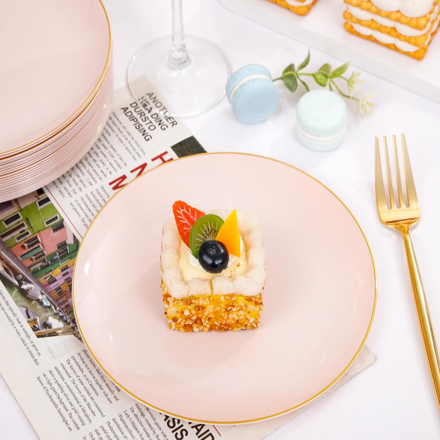 Rubtlamp 200Pcs Plastic Pink Dessert Plates with Disposable Gold Forks,Heavy Duty Pink Disposable Salad Platos,Gold Small Platos,Fancy Appetizer Plates for Mother's Day - Image 5