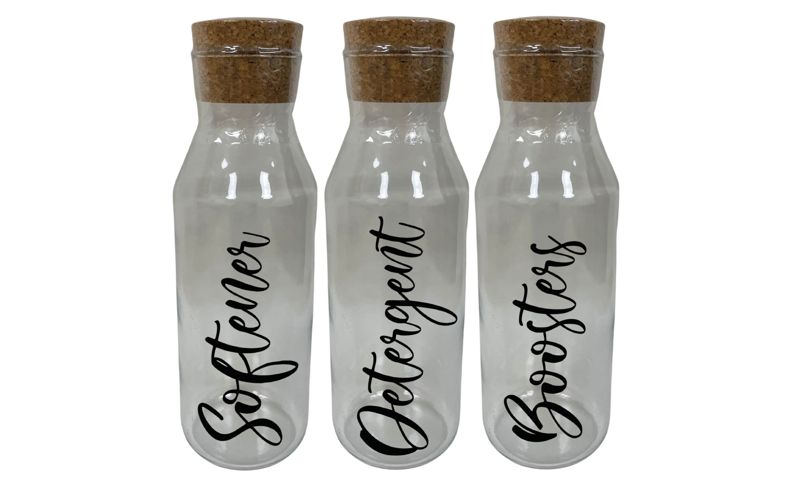 GPG Glass & Cork Storage Jars | 3Pcs Set Kitchen Storage Glass Bottles with Cork Stopper | 1L Softener Detergent Boosters (Set A, Font A)