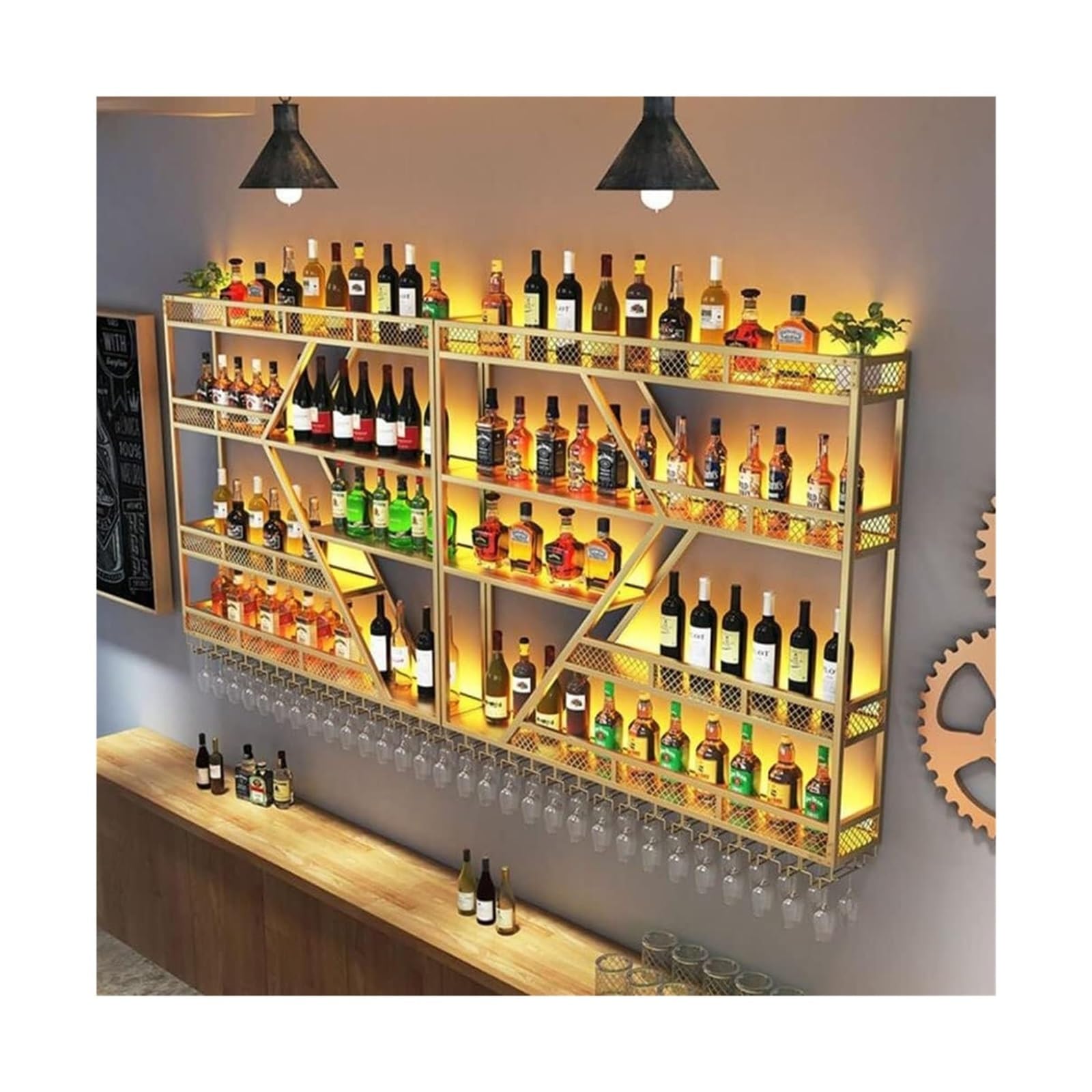 Złoty nowoczesny ścienny stojak na wino z oświetleniem LED, metalowy uchwyt na butelkę wina i szklany uchwyt, do baru, salonu, restauracji, stylowe pływające półki i żelazny stojak ekspozycyjny (200 x