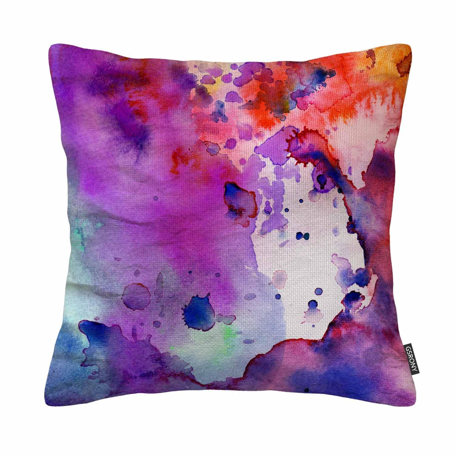 Gsrony Purple Throw Pillow Cover Watercolor Pastel Abstract Paint Splatter Orange Stoke Decorative Pillow Case Home 18X18 Inches Pillowcase