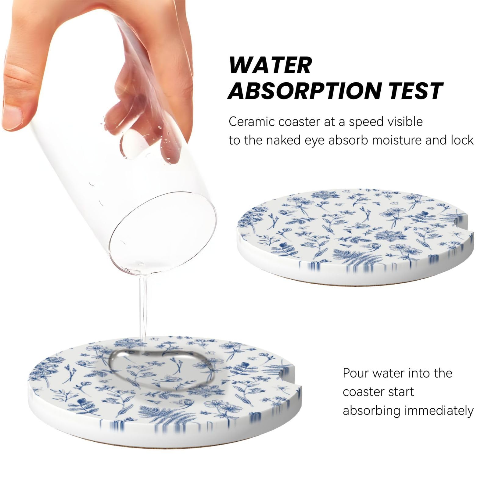 2-Pack Vintage Blue Flower Car Coasters - Absorbent Ceramic Cup Holders With Non-Slip Cork Base (2.56") - View #10