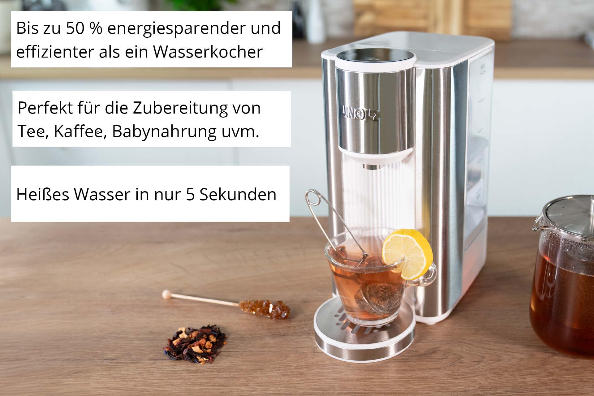 Unold 18610 Express Heißwasserbereiter Ava Weiß, Wasserkocher, Teekocher, Wasserbereiter, 6 Temperatureinstellungen, 2,5 Liter Wassertank, Touch-Display, 3 verschiedene Mengeneinstellungen, 2200-2600W