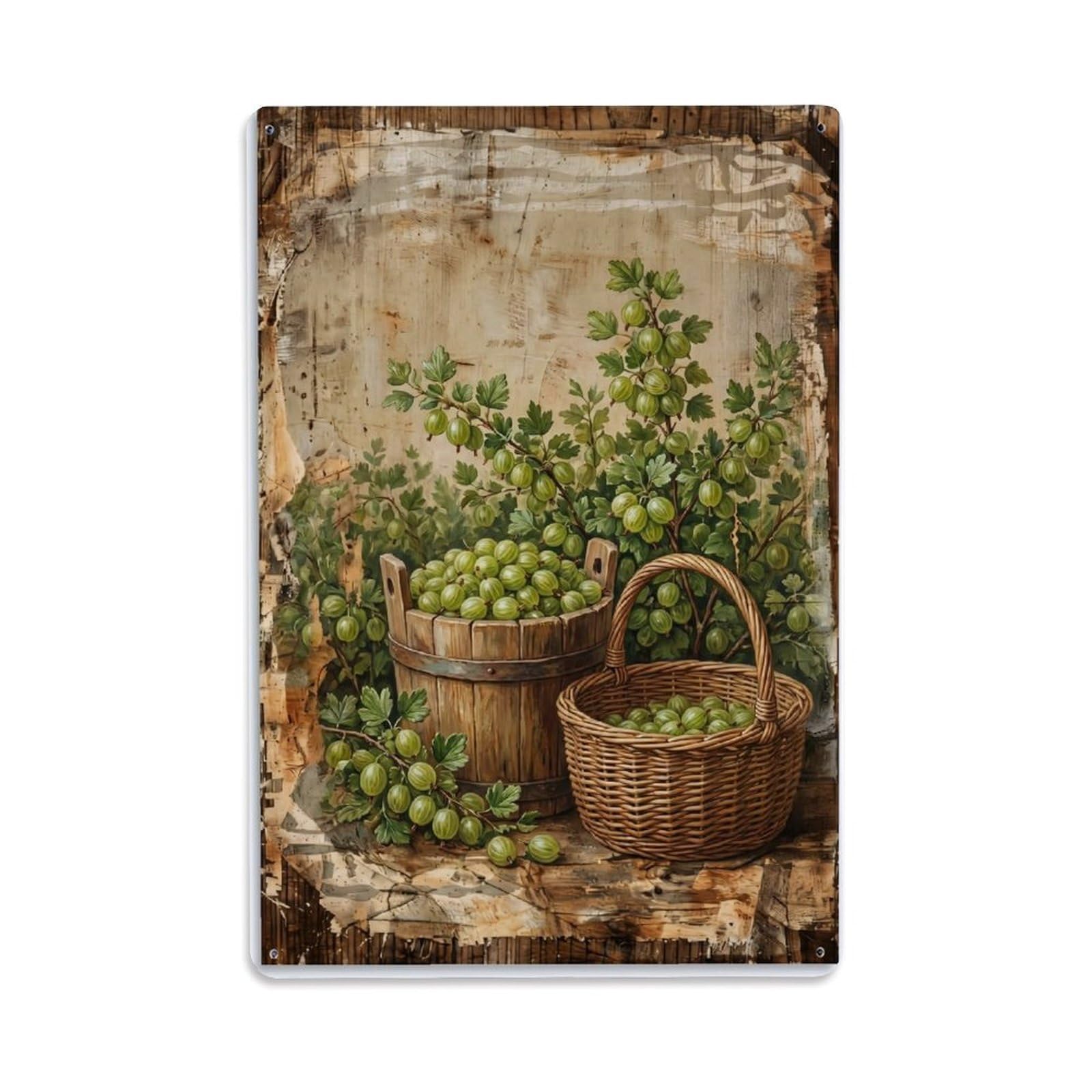 Gooseberry Field Harvest Green Berry Countryside Bush Metal Tin Sign Plaque Wall Decor for Cafe, Club Bar, Office, Home Garden Metal Poster 8x12Inch