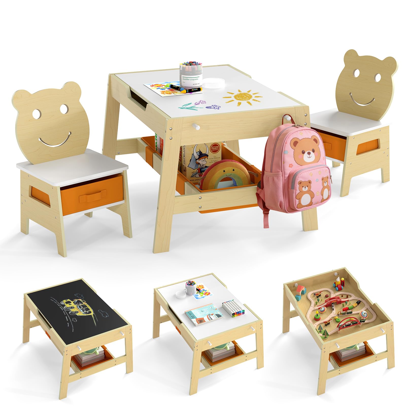 COSTWAY 5 in 1 Set Tavolino e Sedie per Bambini a Tema di Orso, Naturale