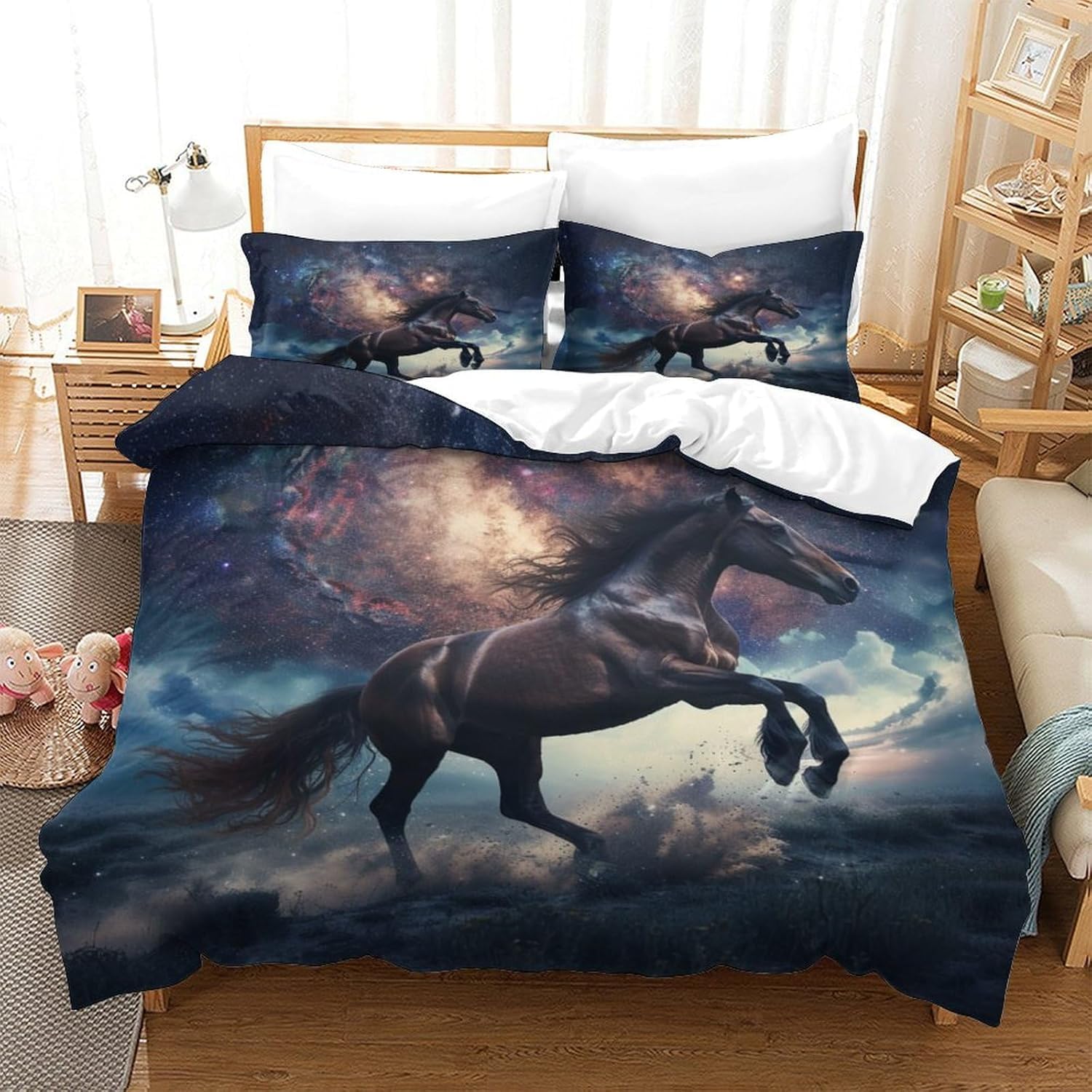 Parure de lit cheval 3D haut de confort avec housse de couette microfibre 260x230 cm zippée