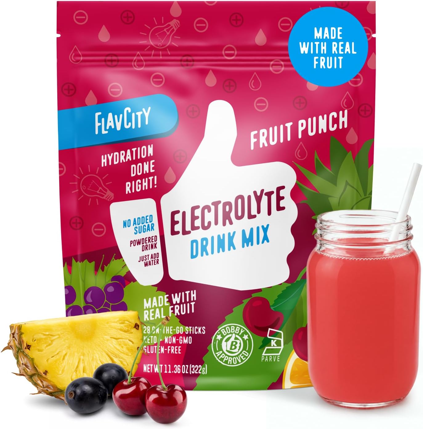 FlavCity Fruit Punch Electrolytes Powder Packets - 28 Hydration Packets - No Added Sugar - Hydration Powder with Real Fruit & Unrefined Sea Salt - Keto & Gluten-Free (28 Stick Packs)