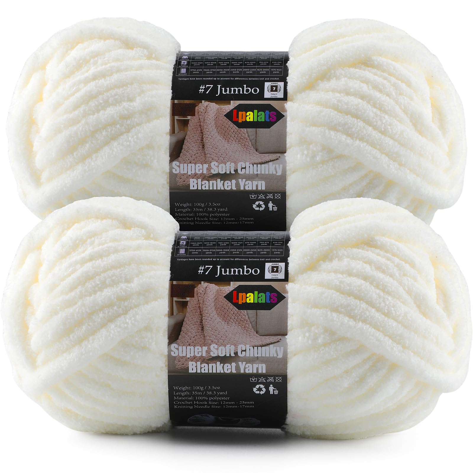 2-Pack Super Soft Chunky Yarn for Crocheting Blankets - 7oz/76.4yd Total, Thick &amp; Plush Chenille Yarn for Quick Baby Projects, Amigurumi, Scarves,Cream