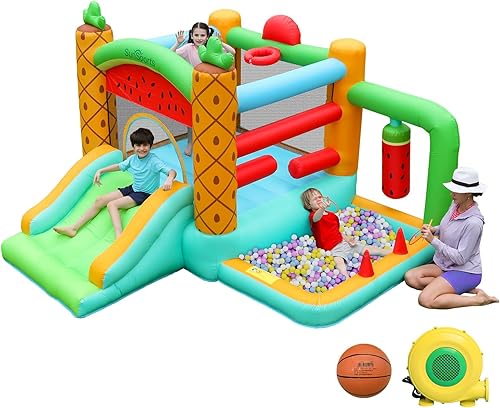 Miniatura 9 de Casa inflable para niños, casa inflable para interiores, pequeña casa de rebote con tobogán de agua, casa inflable para niños con soplador, castillo