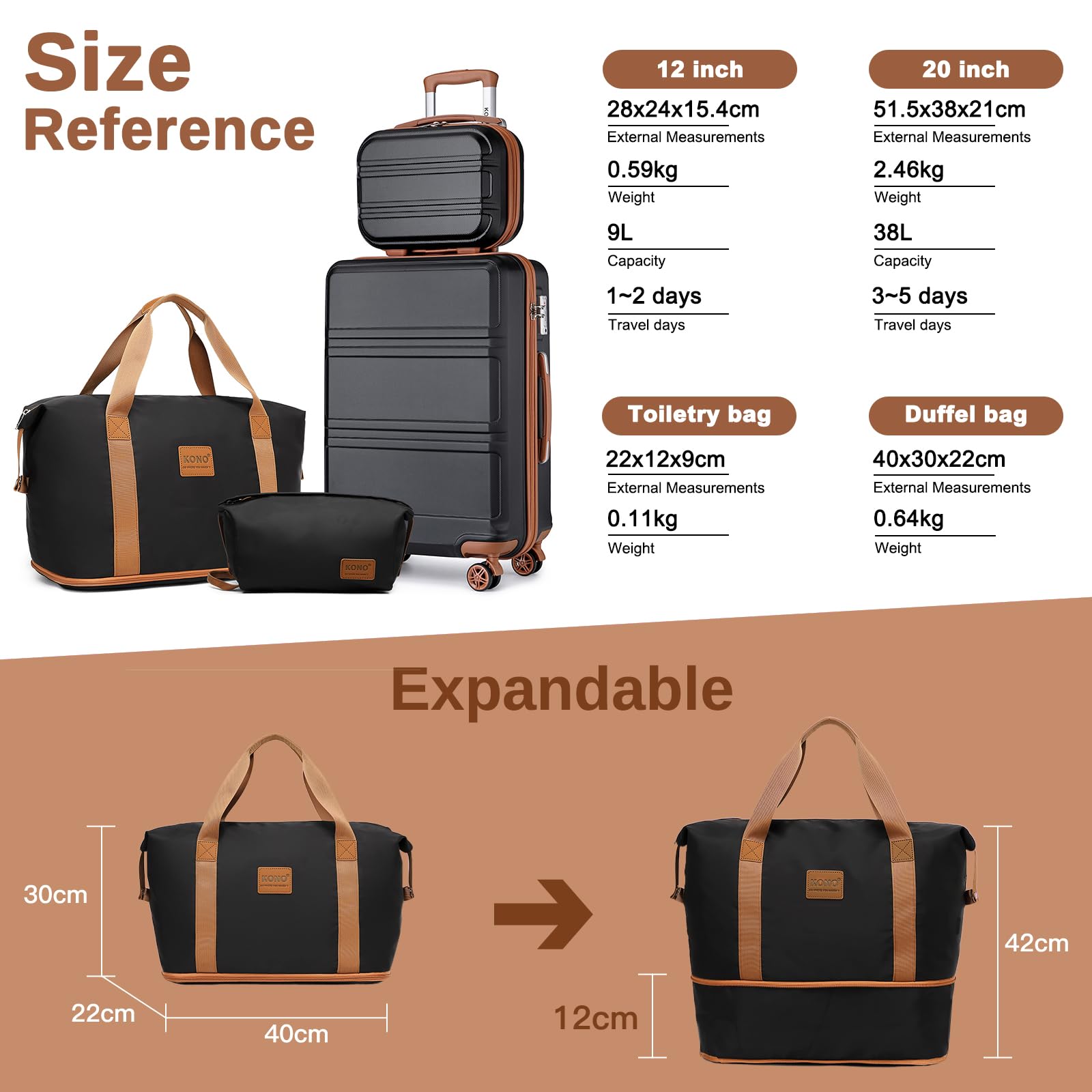 KONO Set di Valigie Trolley Rigido Bagaglio a Mano con 4 Ruote e Borsa da Toilette + Borsone da Viaggio Espandibile Palestra e Borsa da toilette, Nero/Marrone