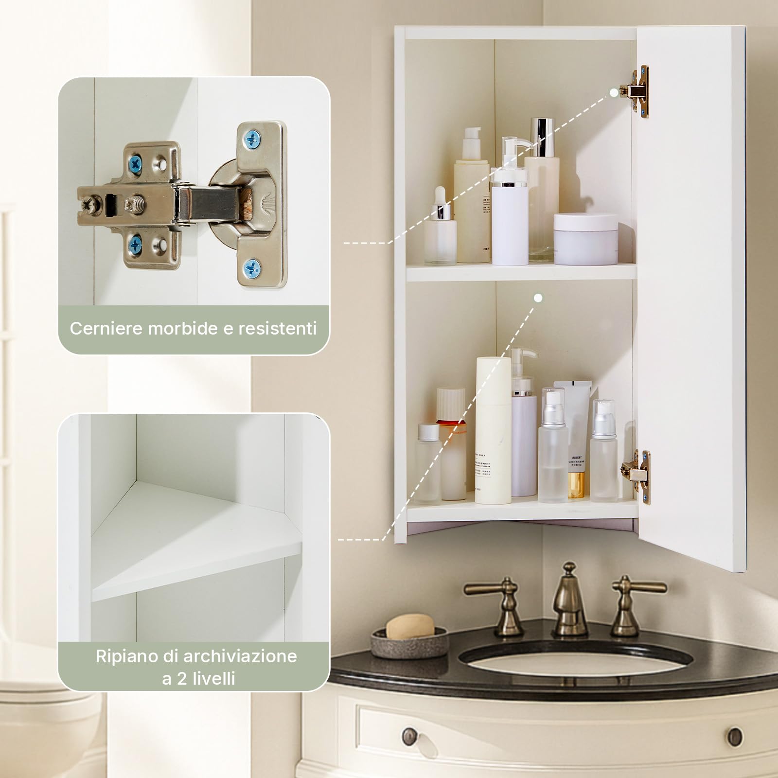 LEMROE Armadio con Specchio Angolare da Bagno - Mobile da Toilette a Muro con 2 Ripiani, Design Compatto, in MDF Resistente all'Umidità, 30 x 24 x 60 cm