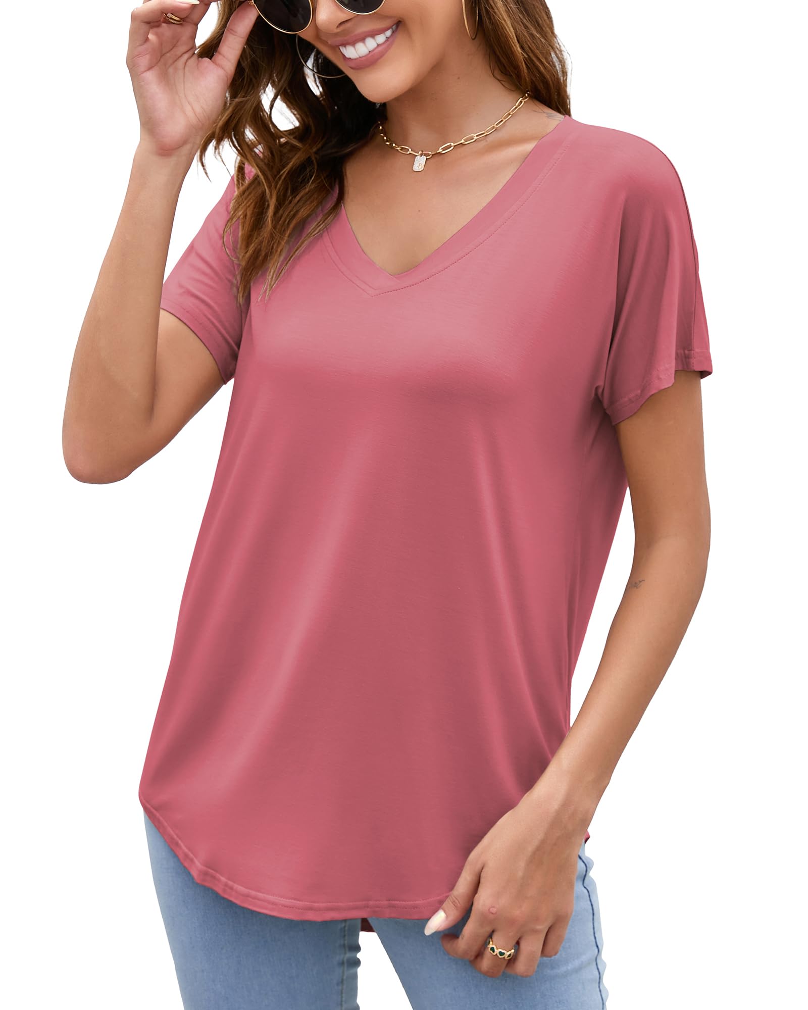Herou Short Sleeve V Neck Womens Basic Tops Casual Loose Fit T Shirts Soft Tees for Women