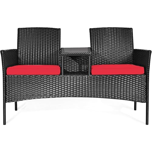 RELAX4LIFE Conversation Furniture Set with Table and Two Removable Cushions Rattan Wicker Chairs and Table Set for Patio,Garden, Baloney and Lawn Outdoor Porch Furniture Sets Loveseat (Black+Red)