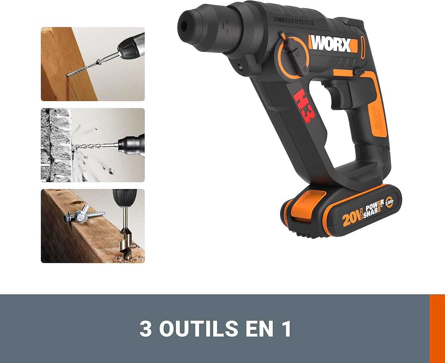 WORX Marteau perforateur sans fil 20V H3 WX390.1, percer, visser, perforer tous les matériaux, 1,2J, mandrin 13 mm, livré avec 2 Batteries 2Ah, Chargeur et Accessoires forets et embouts de vissage — vue 4