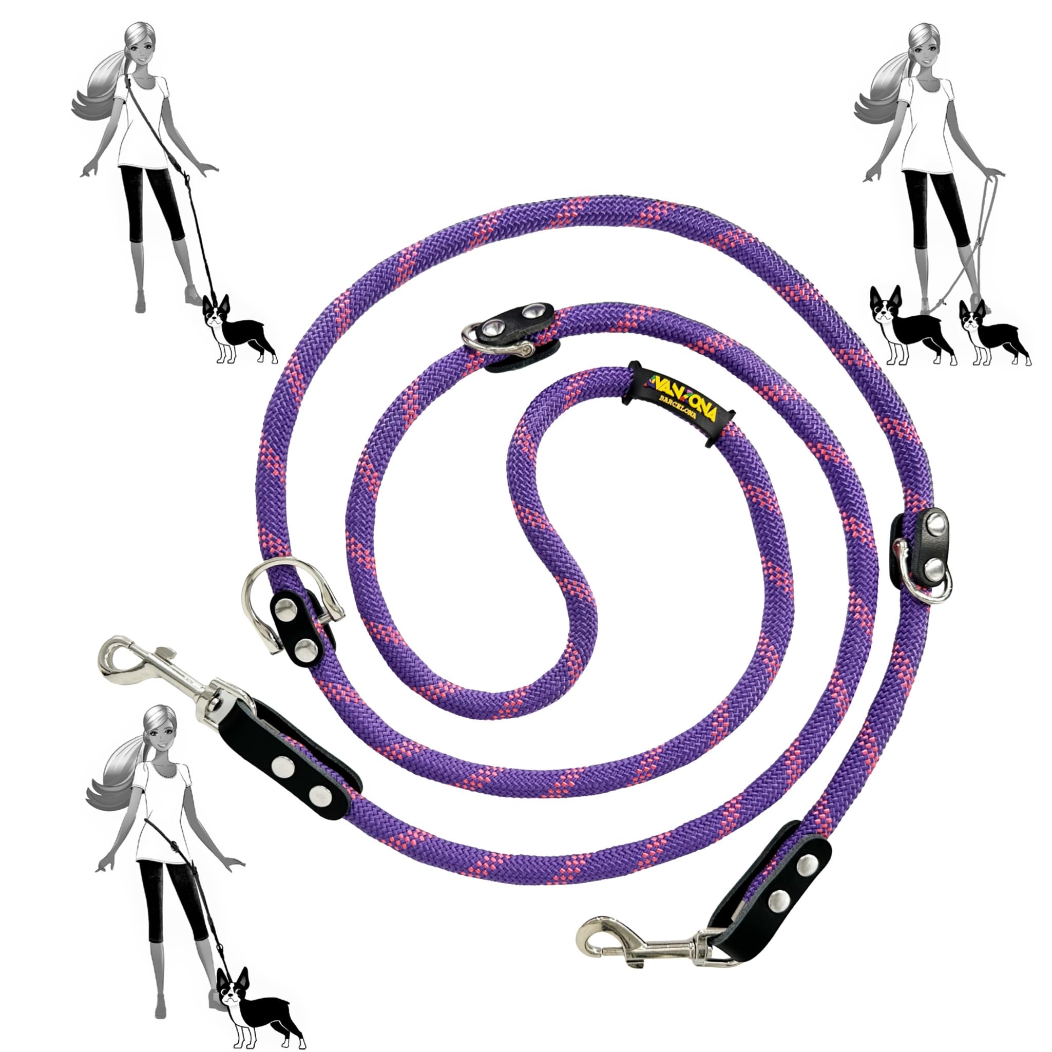 Hands Free Dog Lead. Double Ended, MultiFunction, Multiposition, for 2 Dogs, Small Medium Large. Rope and Leather