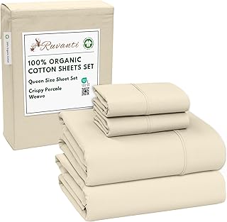 RUVANTI 100% Organic Cotton Sheets Queen Size, Percale Weave, GOTS Certi...
