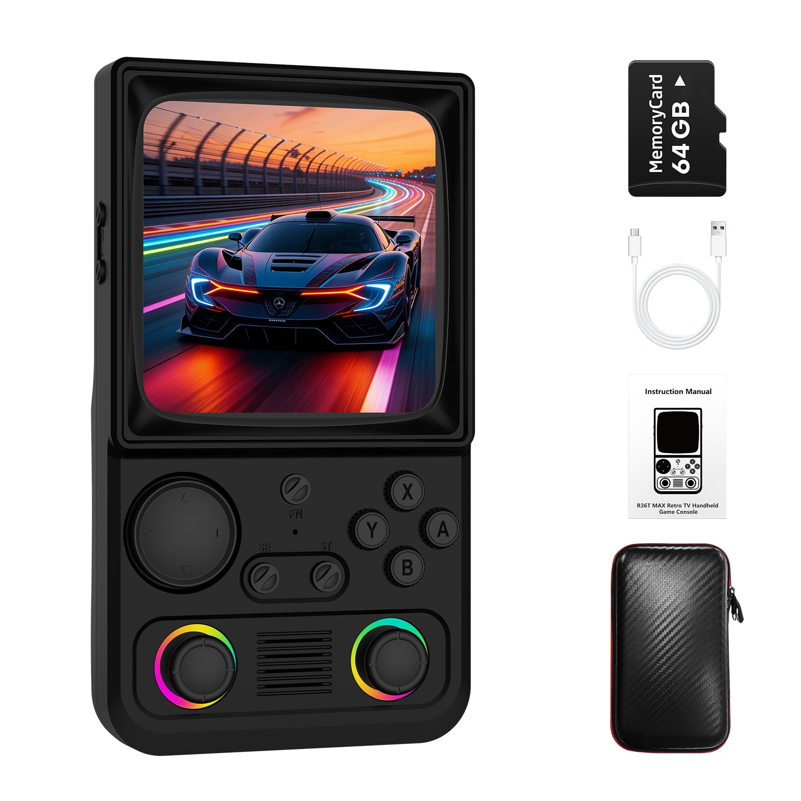 R36TMAX Retro Handheld Game Console, Retro Gaming Console with 4.0 Inch 720x720 IPS Screen, Portable Handheld Linux System, 4000mAh Battery (Classic Black-64GB)