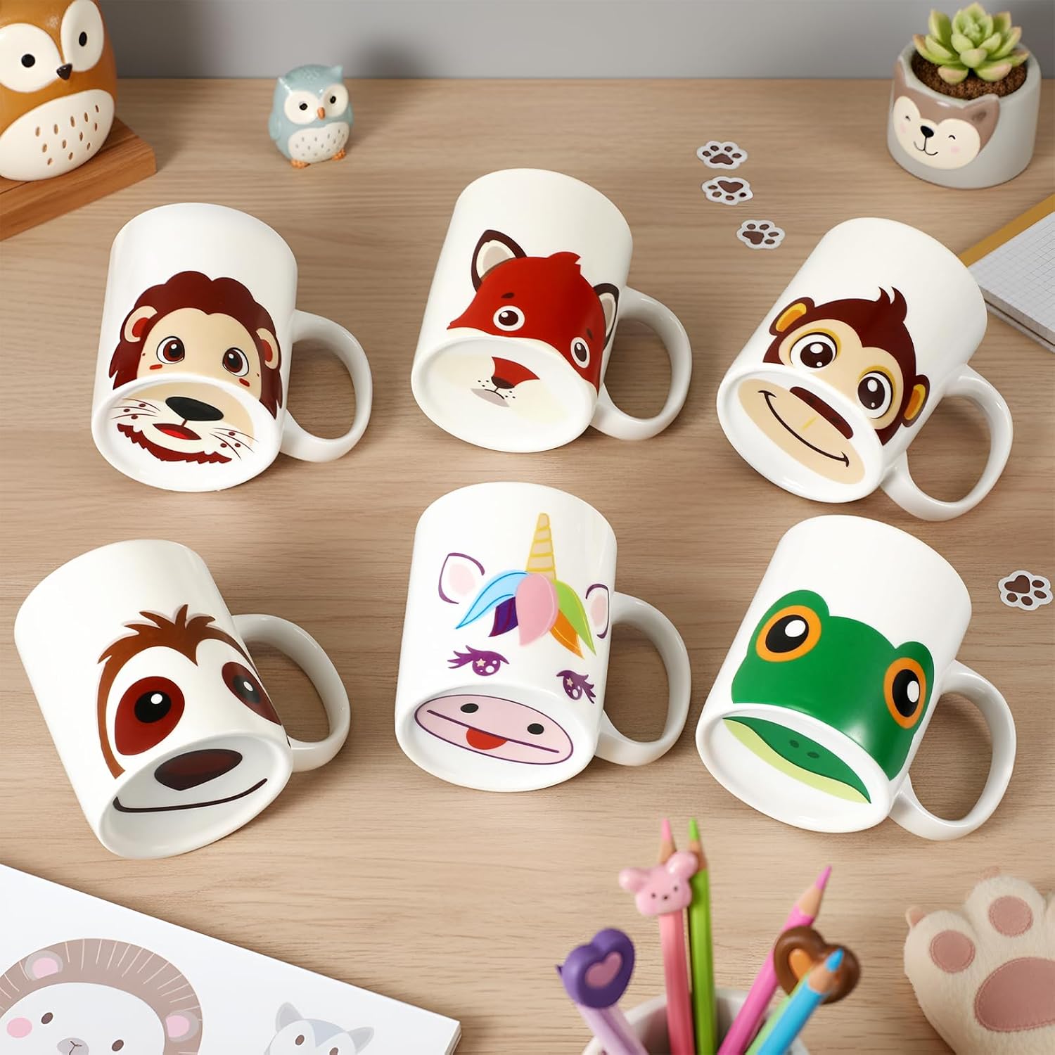 Potchen 6 Pcs Animal Mug Gift Set, Cute Animal Nose Coffee Mug Bulk Funny Ceramic Cup Monkey Unicorn Cat Milk Lion Fox Novelty Gift for Birthday Party Favor Friend Holiday Family