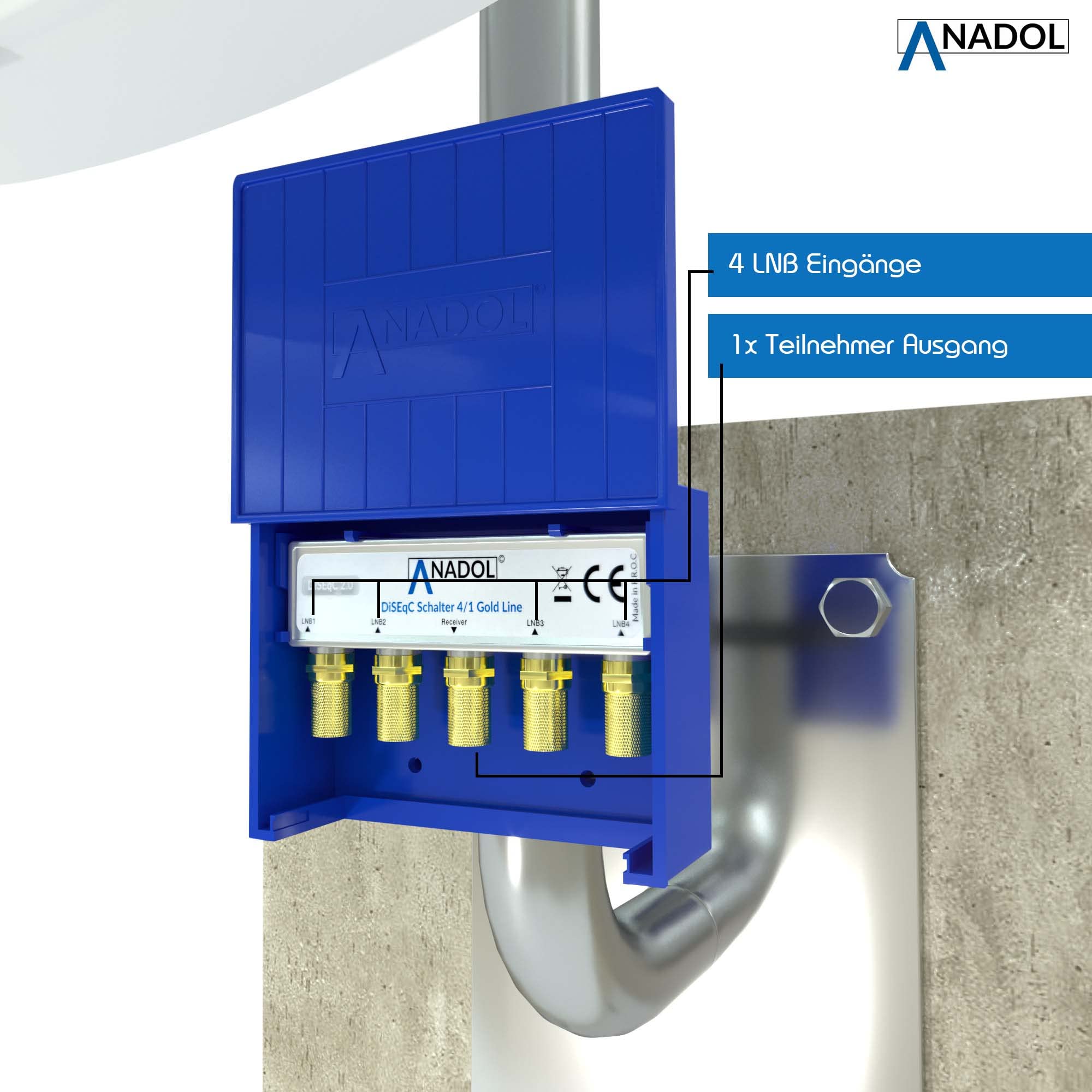 2 interruptores Anadol 41 DiseqC – 4 en 1 para receptor de satélite, para recepción de 4 satélites para 1 receptor, Full HD, 4 K UHD, LNB distribuidor + 10 conectores F chapados en oro, bridas y