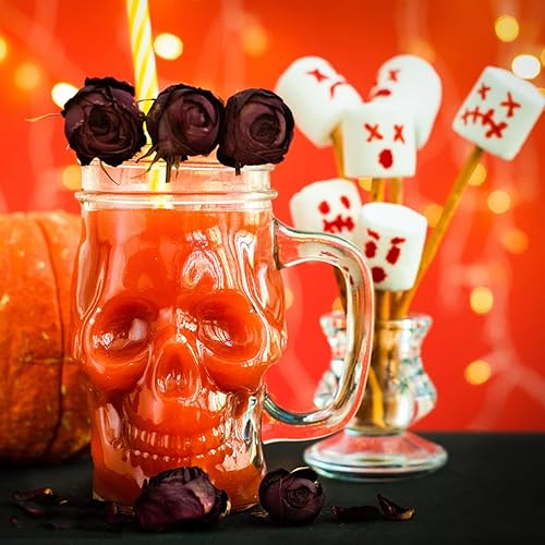 Miniatura 8 de TOPZEA Paquete de 6 tarros de calavera con asa, tazas de cerveza de vidrio de 16 onzas, vasos góticos de boca ancha con pajitas y tapas, novedosos