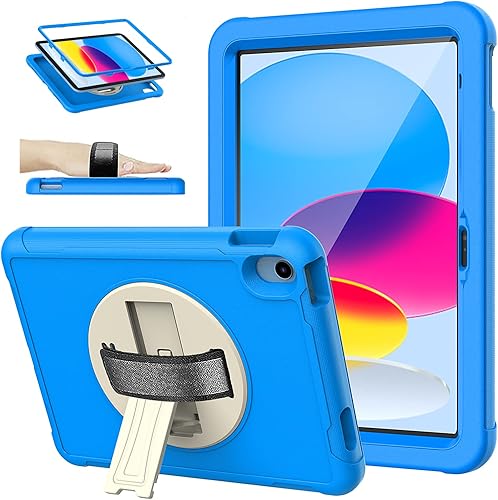 TIRIN Funda infantil para iPad de 10 generación 2022, iPad de 10.9 pulgadas con protector de pantalla integrado, soporte giratorio de correa de mano