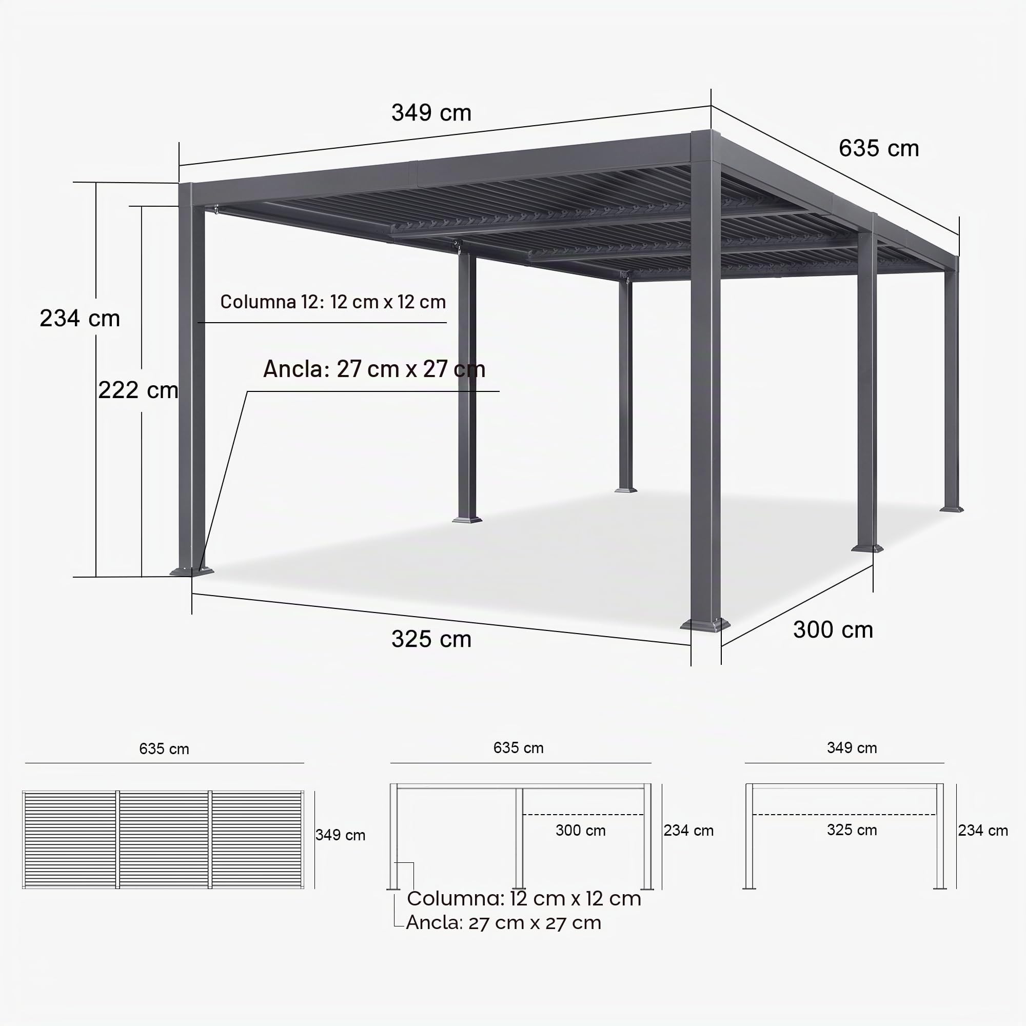 PURPLE LEAF Pergola Bioclimática 3,5 x 6,35 m de Aluminio, Cenador de Jardín Exterior con Cuchillas Orientables, Resistente a Intemperias, Pérgola Jardín Exterior para Terraza y Carport, Gris
