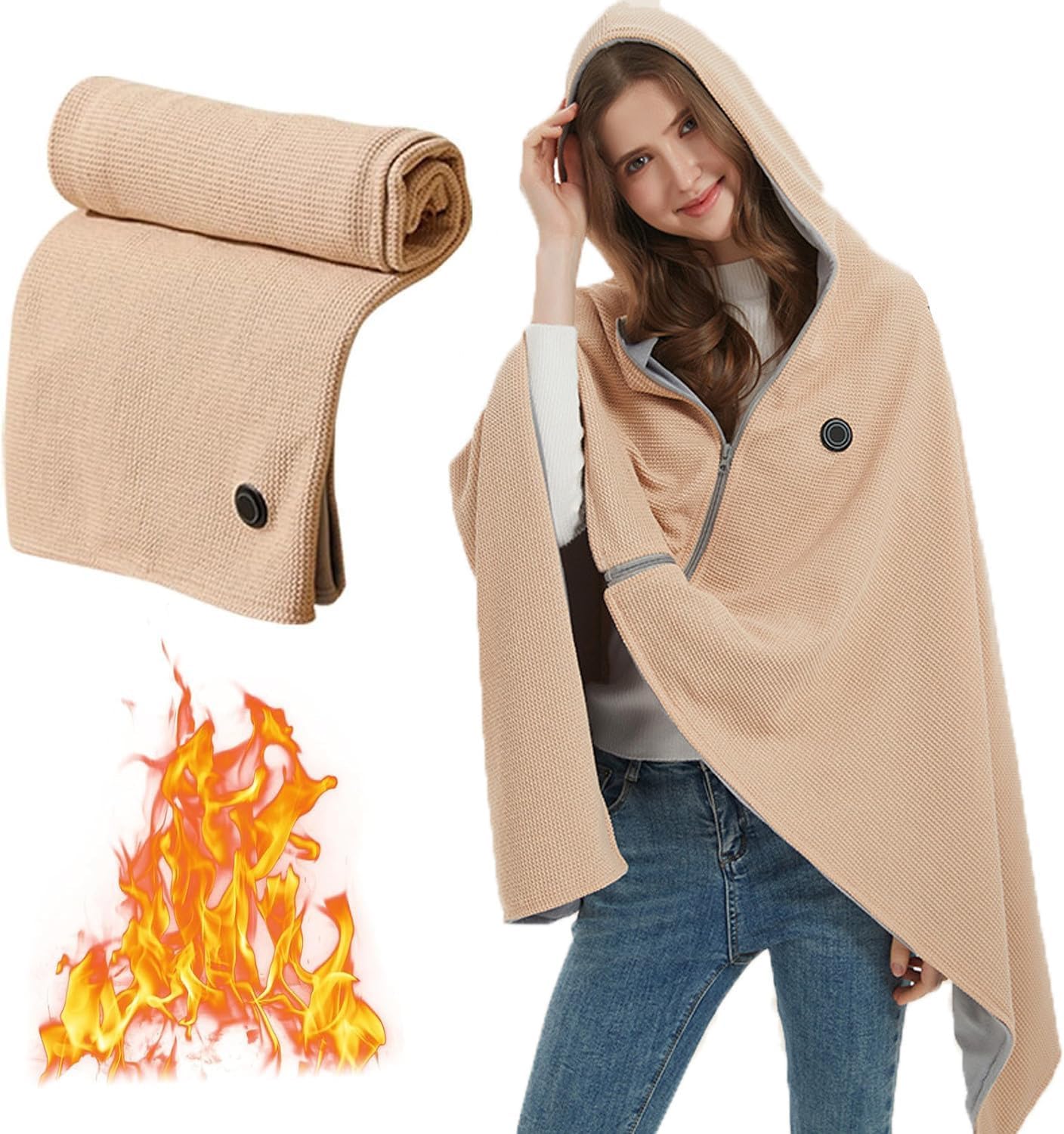 Heated Shawl Wraps for Women, USB Cordless Heated Blanket Hoodie for Adult, Soft Zipper Hooded Shawl Wraps Winter Warm USB Powered Heating Scarf Portable Electric Blanket