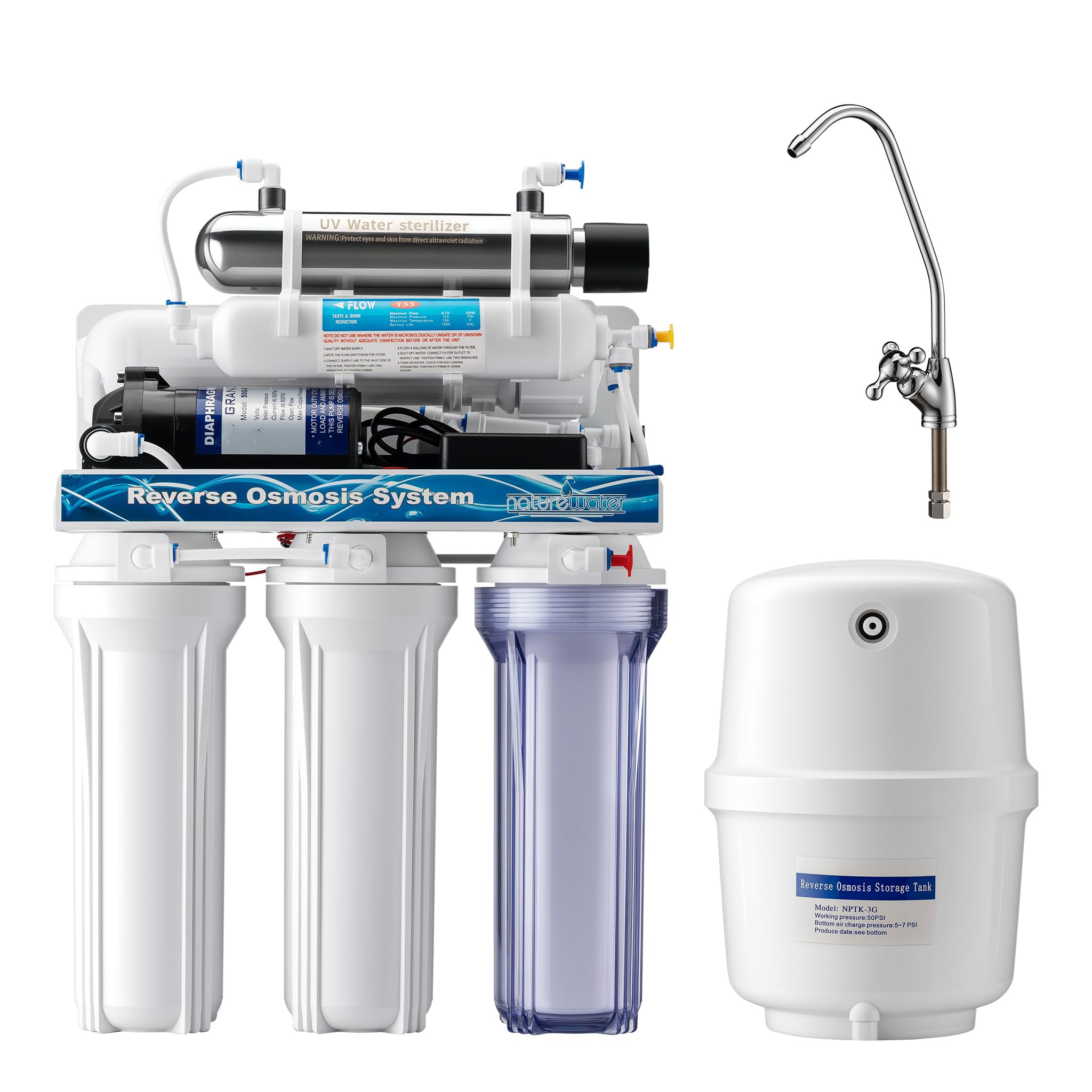 Naturewater Système osmose inverse 6 étapes (RO) – 510 x 380 x 185 mm – 180 l/​jour – avec lumière UV et pompe de surpression – Filtre charbon actif et sédiments – Eau potable
