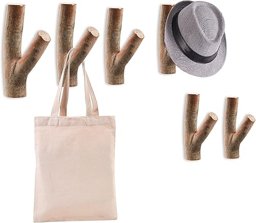 Miniatura 7 de DEAYOU Paquete de 6 ganchos de pared de madera, ganchos de madera real de rama de árbol para colgar, ganchos adhesivos de granja rústica para