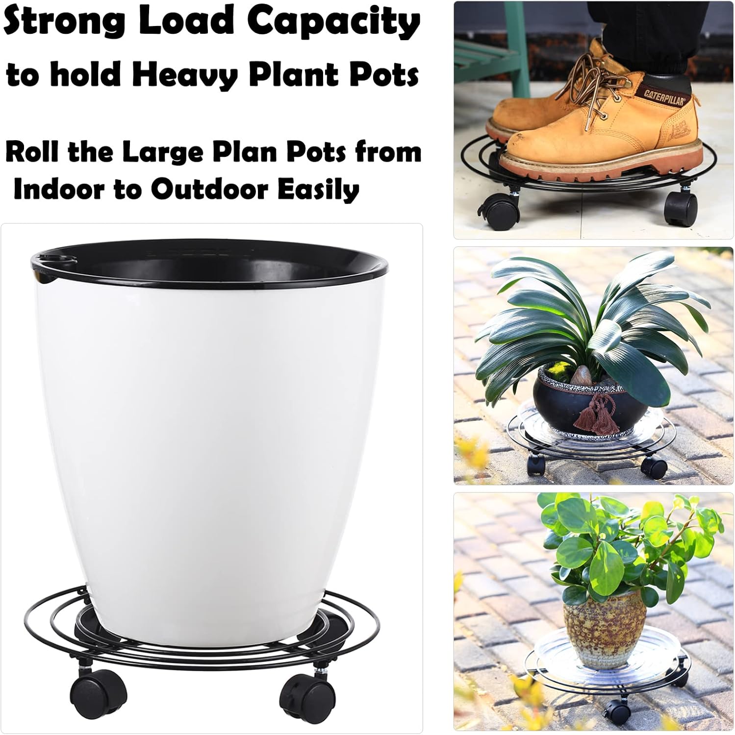 3 Packs Large Metal Plant Caddy with Wheels 13.8 Inches Plant Dolly Heavy Duty Rolling Plant Stand with Casters for Indoor Outdoor Wheeled Planter Coasters Flower Pot Mover Rollers Black, Plastic Saucers Included