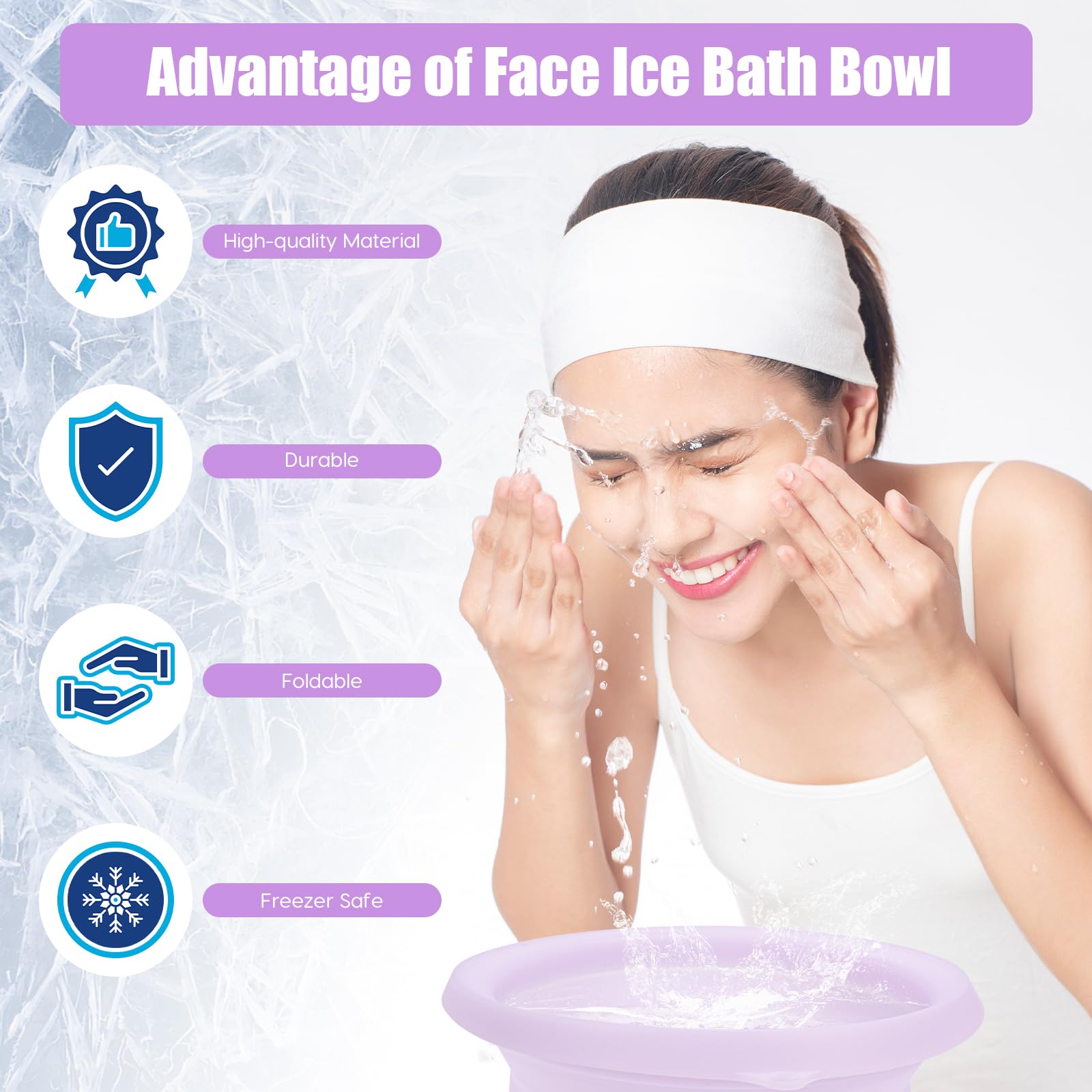 Face Ice Bath Bowl, Faltbares Gesichtsbad Eis, Gesicht Eiswanne mit Integrierter Eiswürfelschale, Tragbare Facial Ice Bath Bowl zur Schwellungen Linderung für Heimgebrauch oder Unterwegs (Purple)