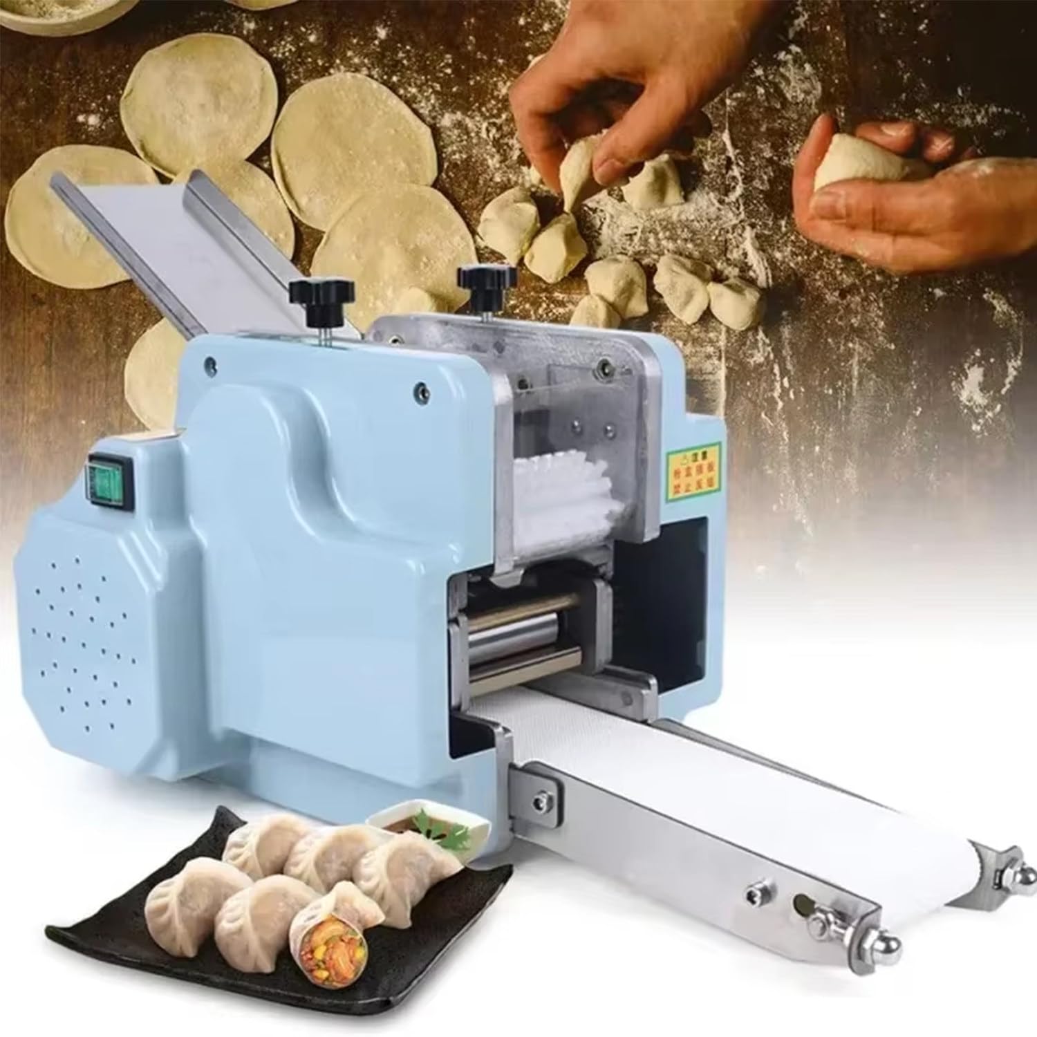 Macchina automatica per ravioli, 3 stampi Wonton Maker, 140 W, 50-60 gnocchi al minuto, nastro trasportatore pieghevole, porta di alimentazione rimovibile, ideale per negozi di casa e colazione