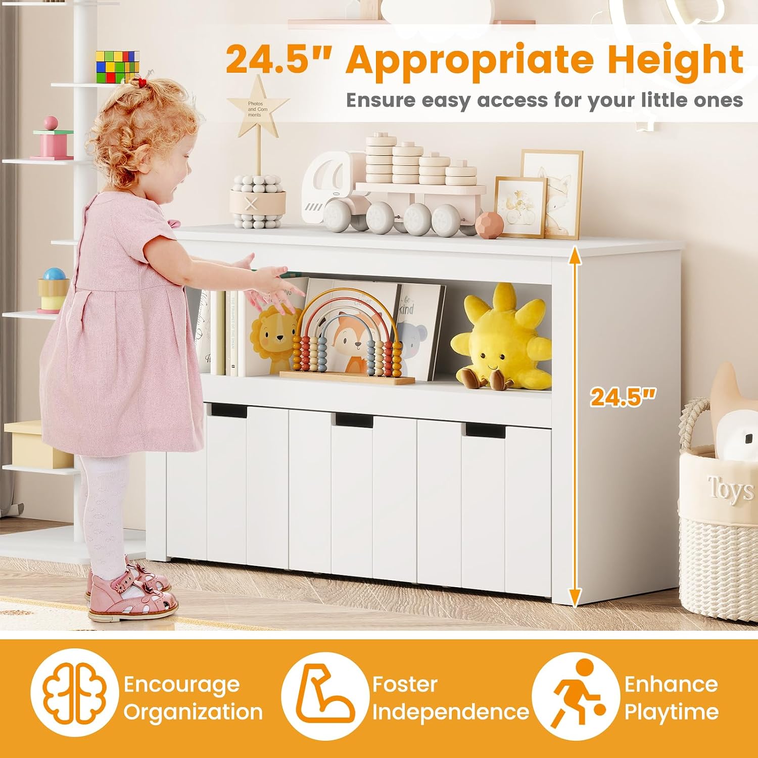 KOTEK Toy Storage Cabinet, 24.5" Kids Bookcase, Boys and Girls Toy Box with Wheels, Open Shelf & 3 Movable Drawers, Kids Storage Organizer for Living Room, Playroom, Nursery (White)