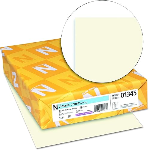 Neenah 2 papeles 01345 Classic Crest Premium Paper de 24 libras, 8.5 x 11 pulgadas, blanco, 500 hojas por resma, blanco natural clásico