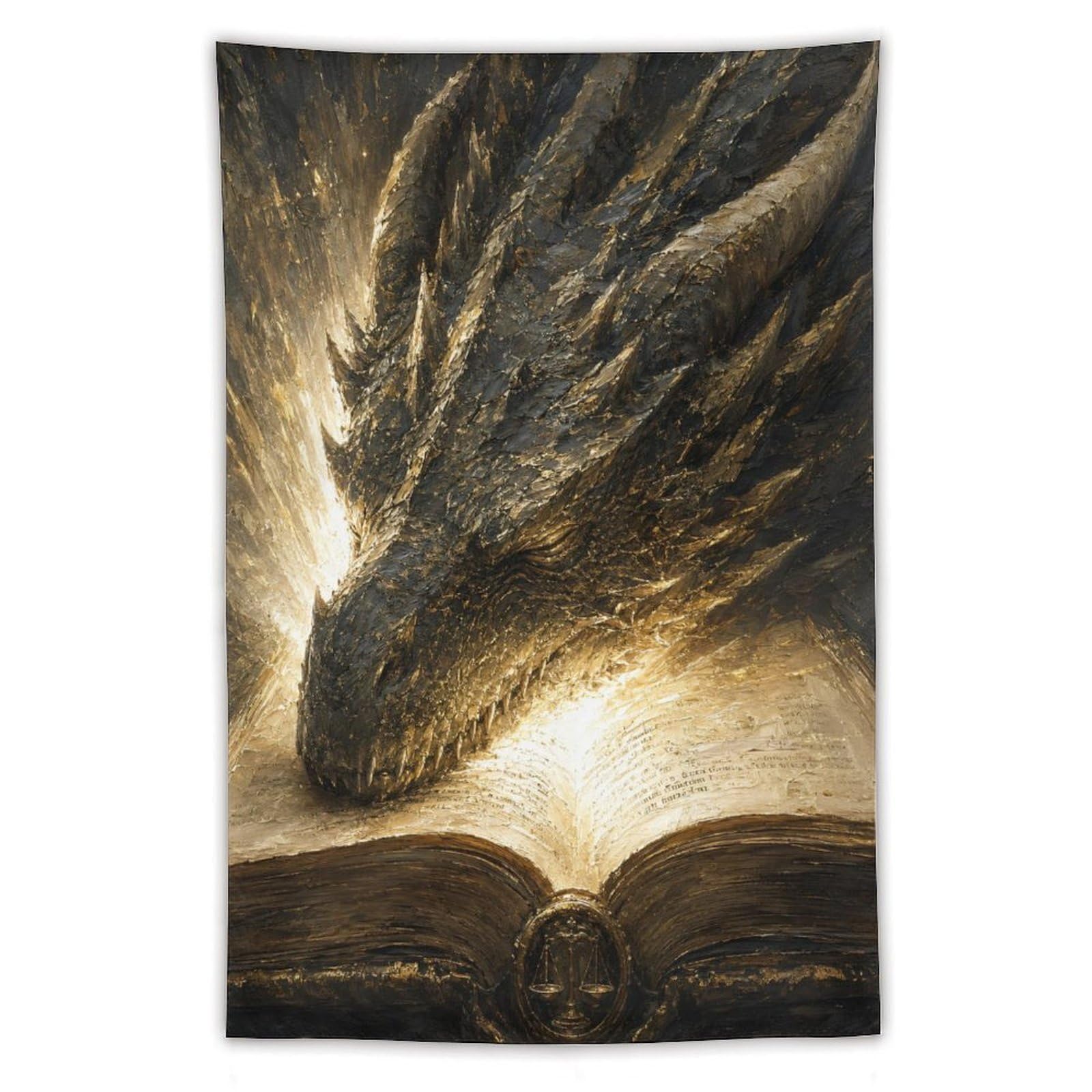 W7C8U2X3 Dragon Head Over Book Wall Tapestry, Surrealist, Golden Light