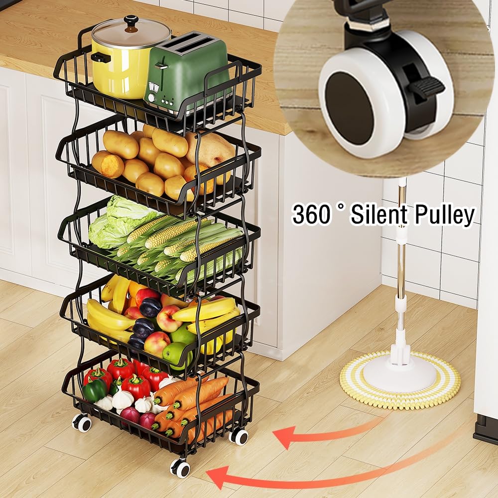 Cesta de alambre de metal enrollable con asa superior y ruedas, organizador apilable resistente, se puede separar para usar en cocina, baño, recámara
