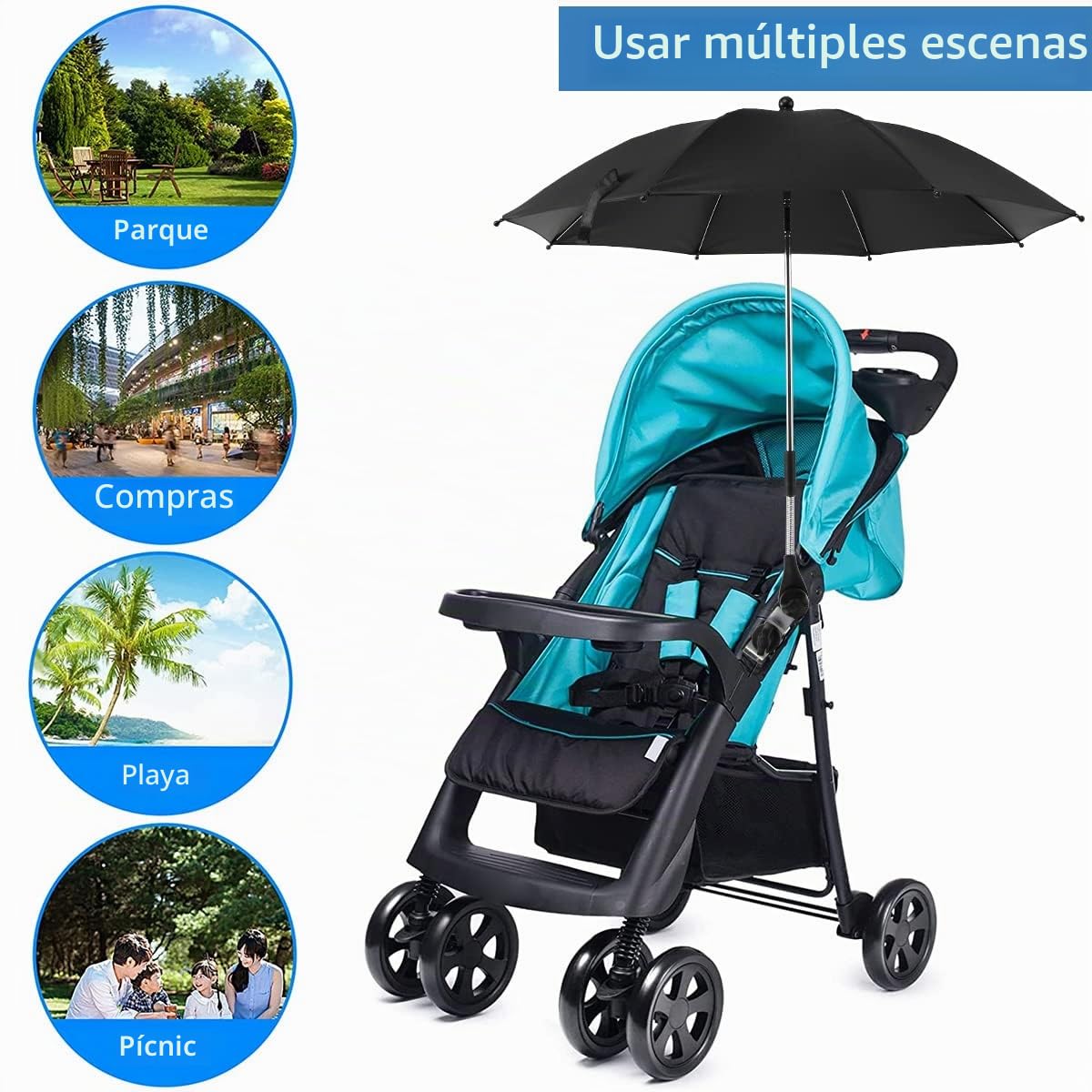 Parasol universal UV 50+ con pinza ajustable y brazo flexible para cochecito, bicicleta, silla de ruedas, silla de playa, Negro , 85CM(B)