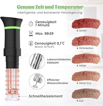 Sous Vide Cooker Sous Vide Stick with LCD Touch Display Immersion Thermostat Timer Sous-Vide Cooker 1000 W for Containers up to 25-92.5°C Slow Cooker 360° Precision Cooking Pot Immersion Circulation